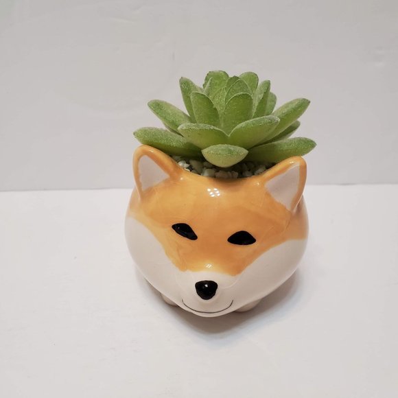 Faux Succulent in Mini Ceramic Corgi Dog Plant Pot, Succulent Animal Planter - Picture 1 of 8